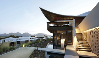 Saffire Freycinet Tasmania exterior view of futuristic building with staircase leading to it