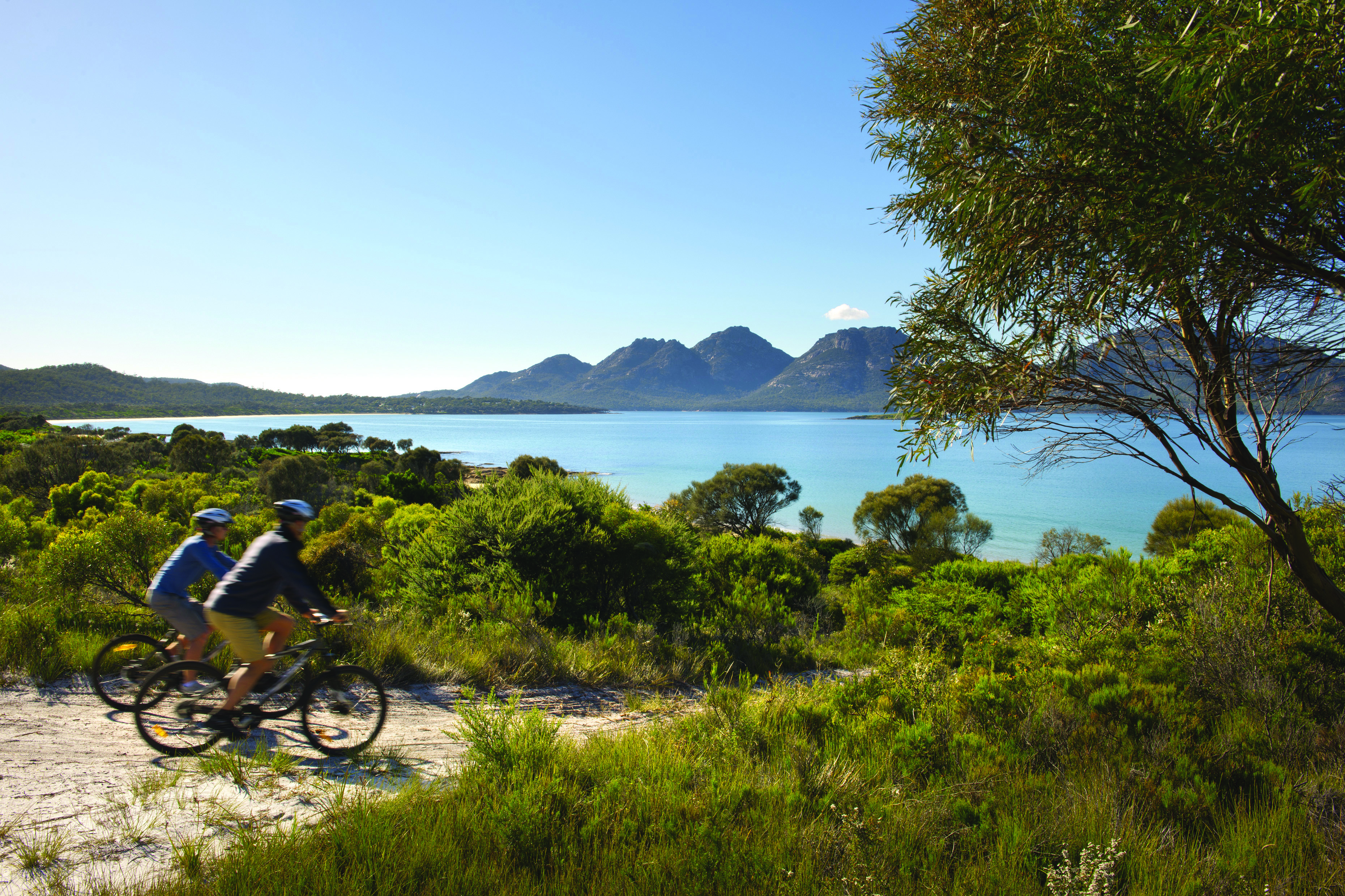Saffire Freycinet Tasmania nature cycling two people cycling on dirt track with view of mountain and sea