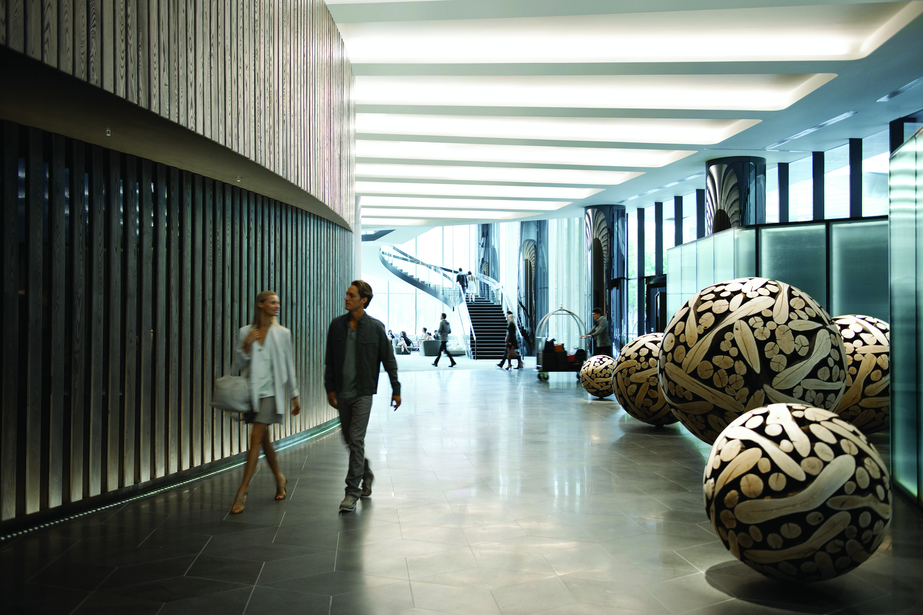 Crown Metropol lobby with artistic sculptures around the room