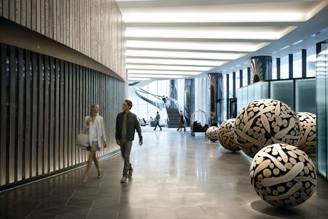 Crown Metropol lobby with artistic sculptures around the room