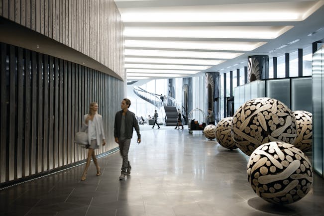 Crown Metropol lobby with artistic sculptures around the room