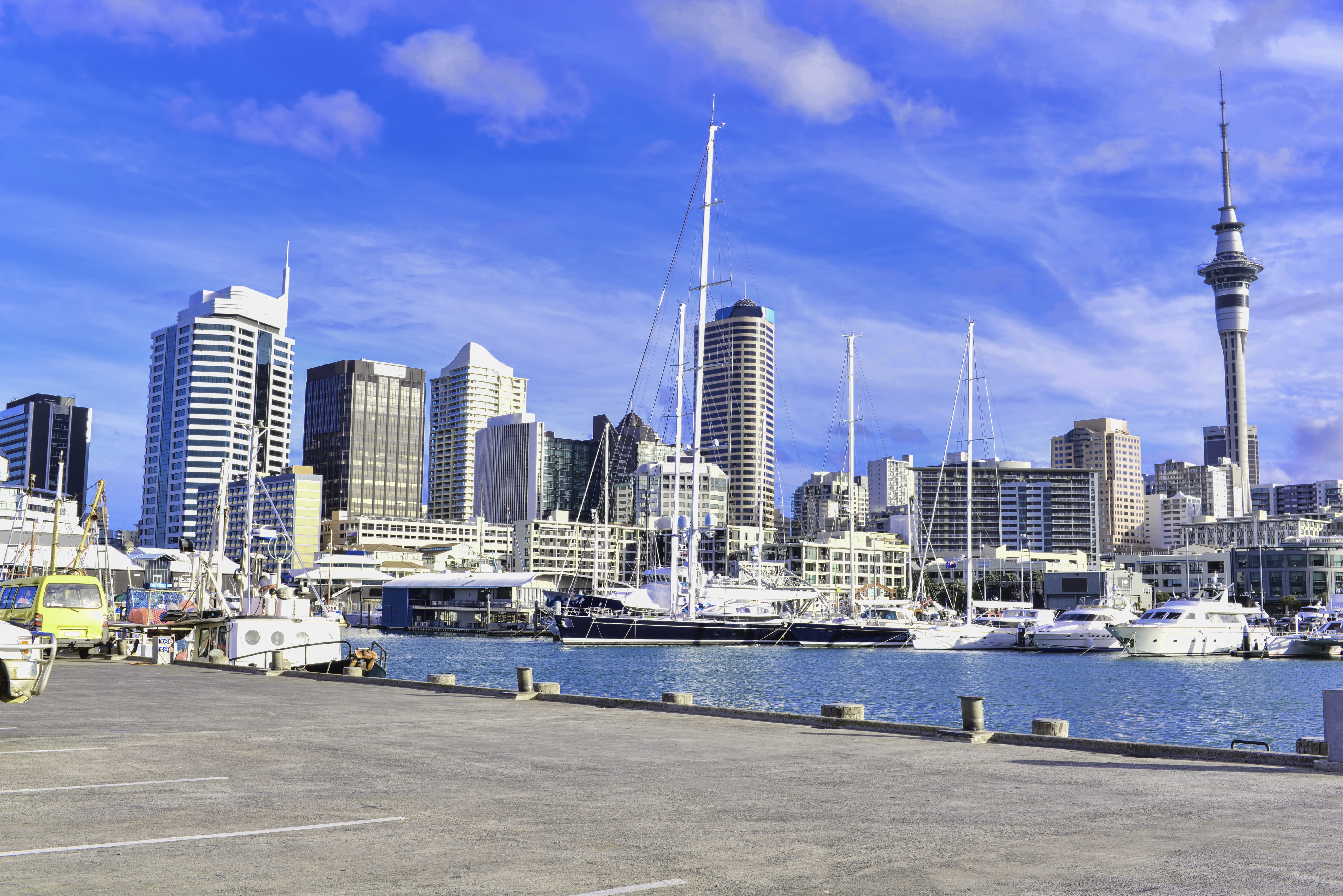 The skyline in Auckland, skyscrapers, high rises, harbour, sky tower