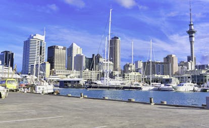The skyline in Auckland, skyscrapers, high rises, harbour, sky tower