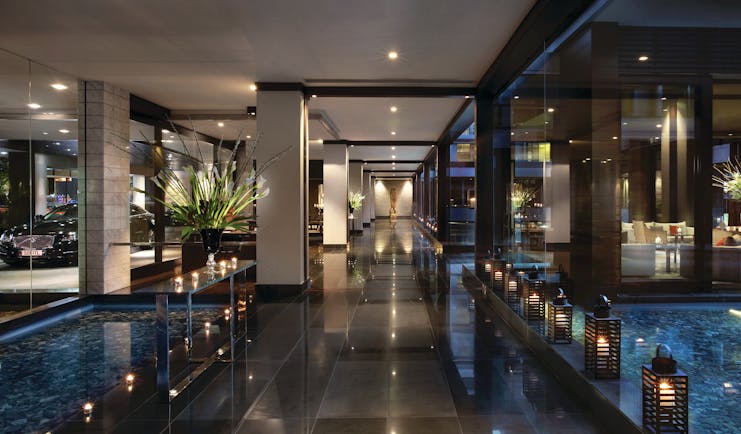 Sofitel Viaduct Auckland Harbour lobby with marble floors and lanterns and mosaics on the floor