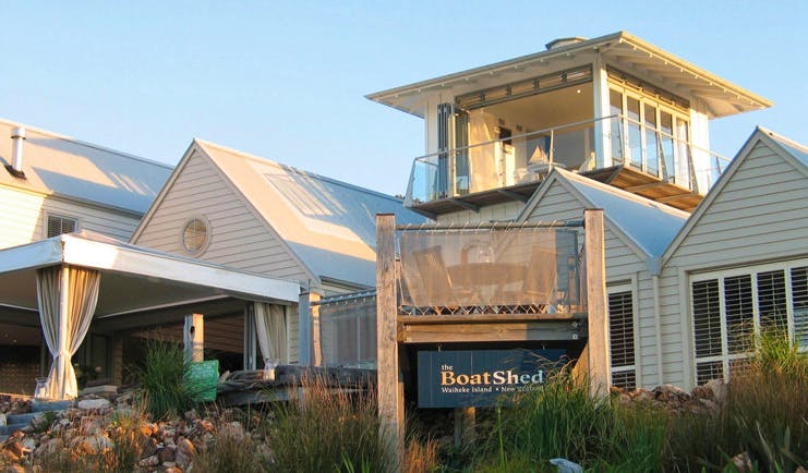 The Boatshed Waiheke Island Auckland exterior white building with patio