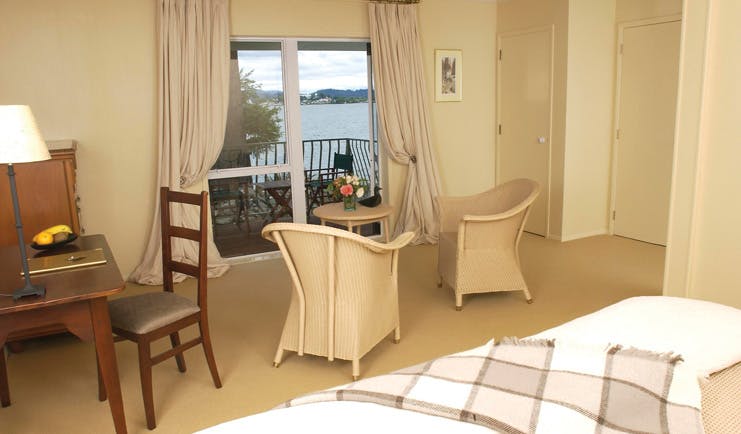 Black Swan Boutique Hotel Central North Island suite with sitting area and balcony with sea view