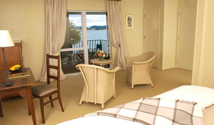 Black Swan Boutique Hotel Central North Island suite with sitting area and balcony with sea view