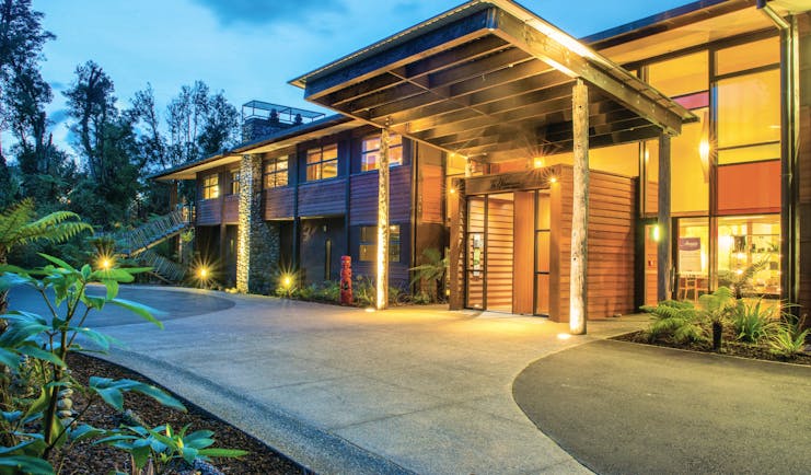 Te Waonui Forest Retreat Central South Island exterior building with large windows and wood facade