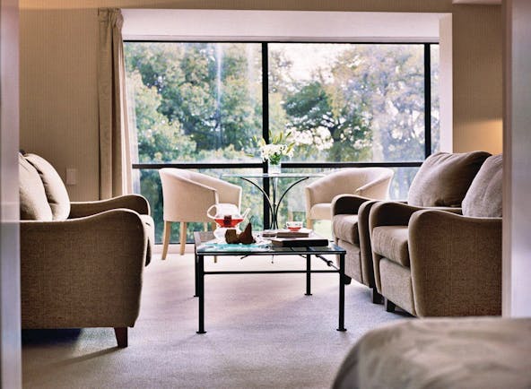 Suite with velvet sofas, a coffee table and large windows 