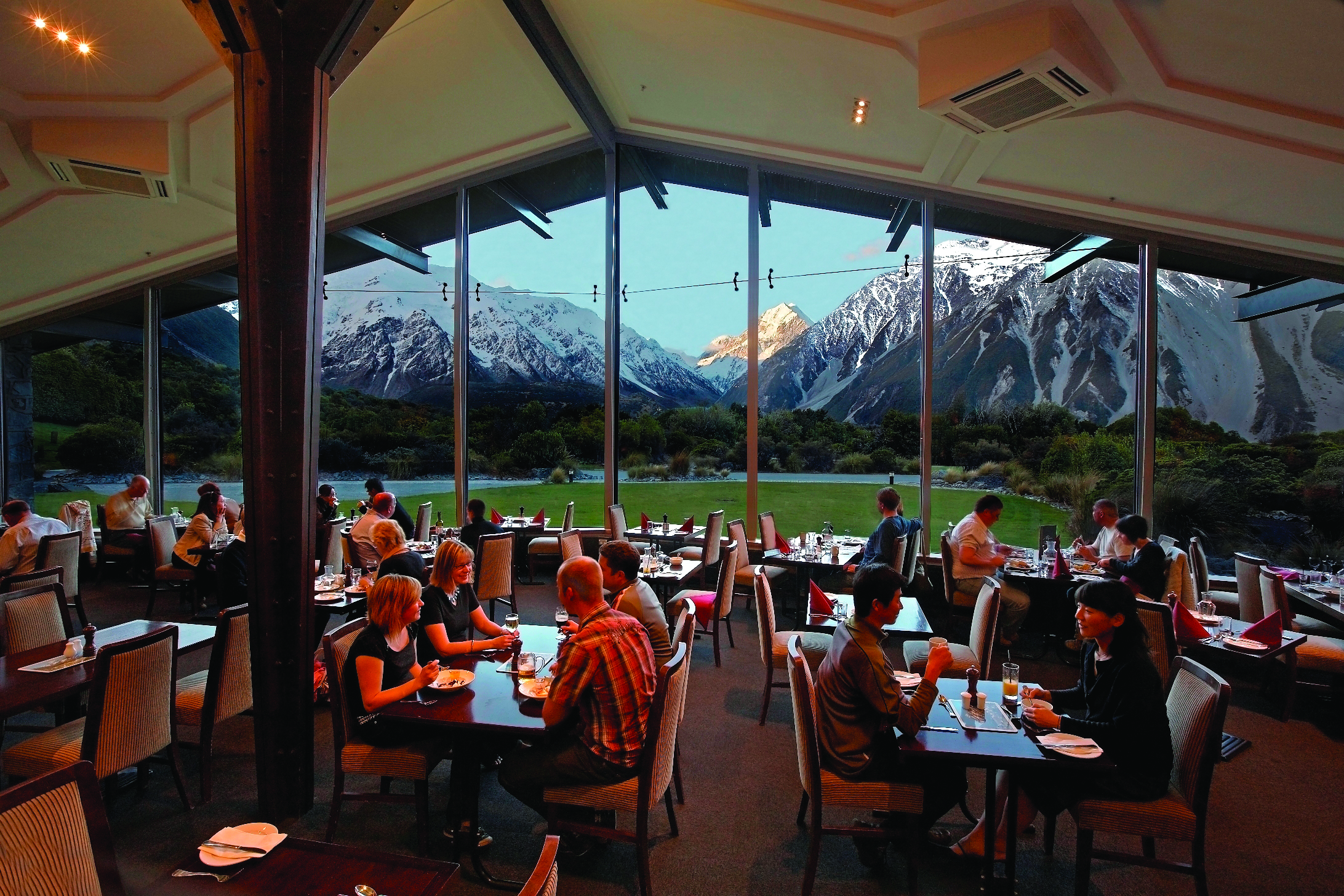 The Hermitage Hotel Central South Island dining room with panoramic view of mountains