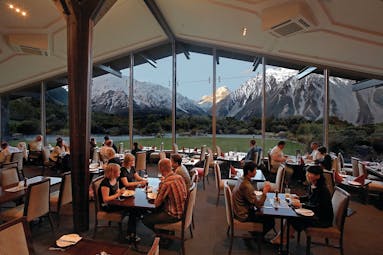 The Hermitage Hotel Central South Island dining room with panoramic view of mountains