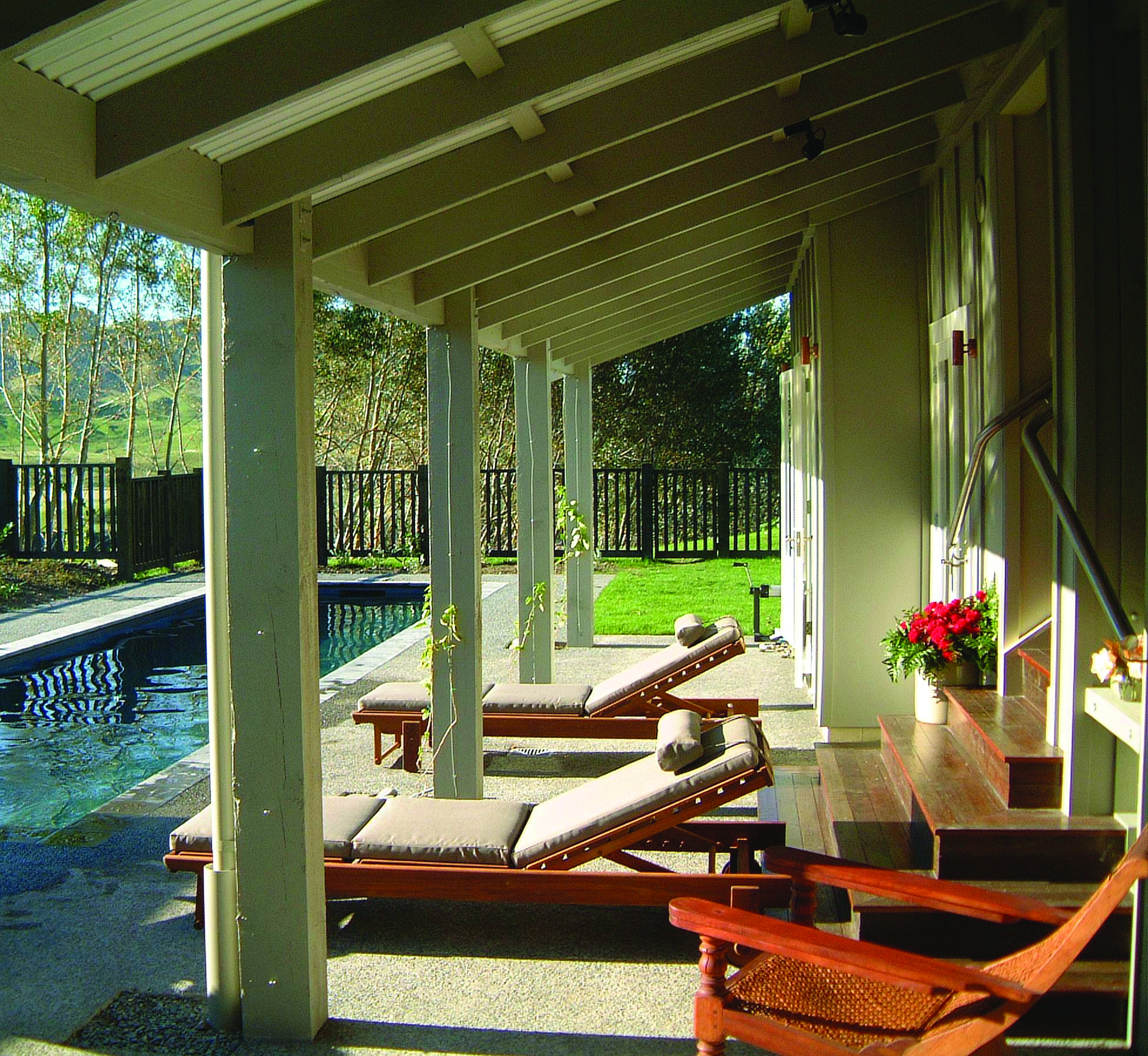 River Houses Hawkes Bay private pool with sun loungers