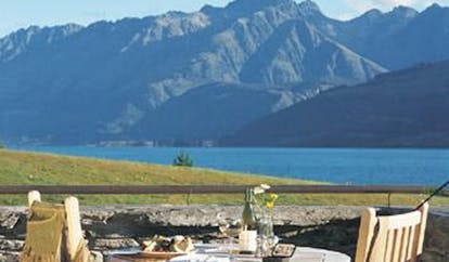 Blanket Bay Otago and Fiordland outdoor dining with lake and mountain view