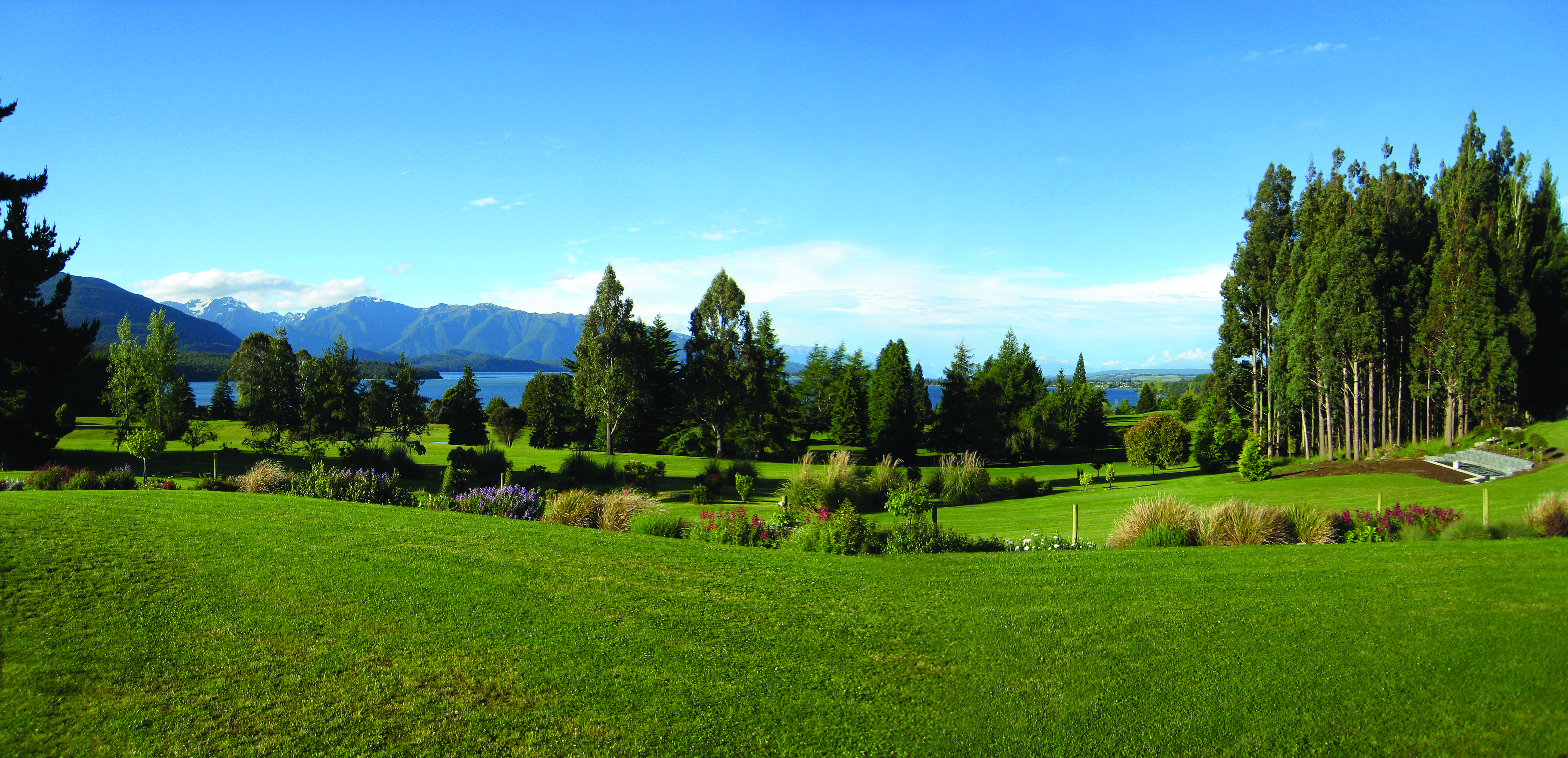 Dock Bay Lodge Otago and Fiordland view gardens with trees and mountain view