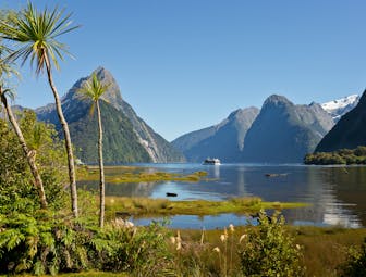 Milford Sound in Fiordland National Park, sea, islands, greenery, mountains