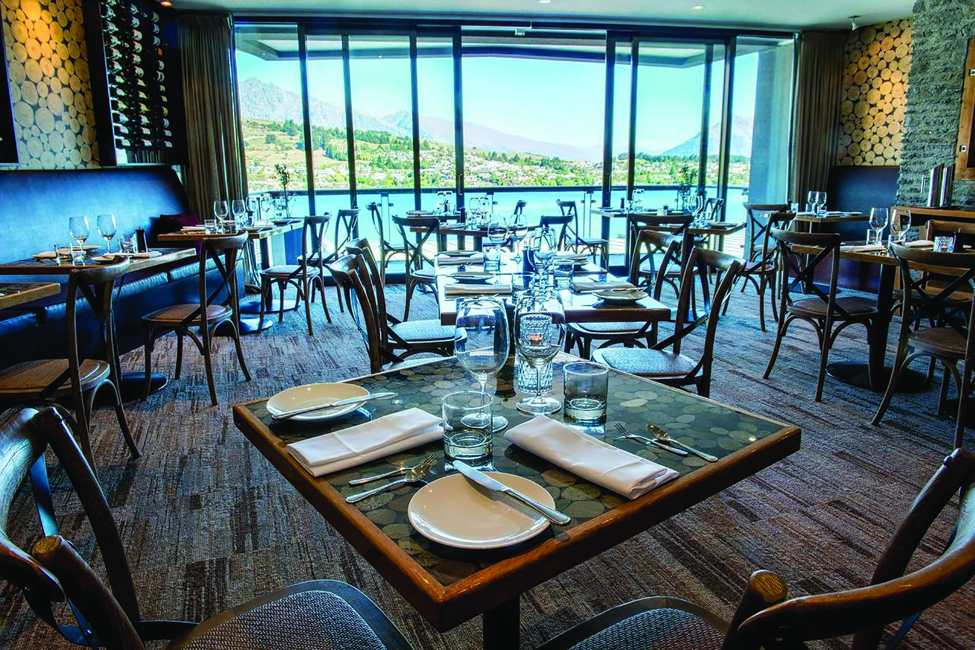 The Rees Hotel Otago and Fiordland dining room with panoramic lake and mountain view