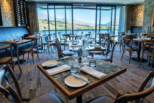 The Rees Hotel Otago and Fiordland dining room with panoramic lake and mountain view