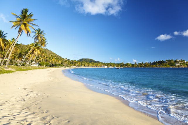 Morris Bay Beach in Antigua, sand, blue ocean , palm trees