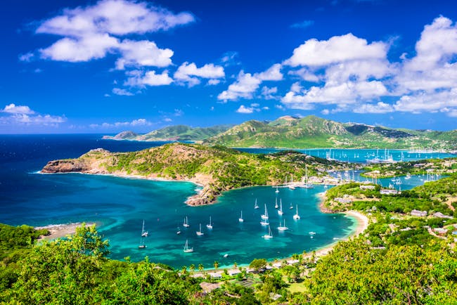Shirley Heights in Antigua, view over cove, islands in background