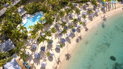 Aerial view of beach, sea and palm trees with pool