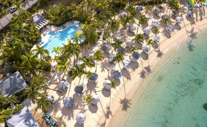 Aerial view of beach, sea and palm trees with pool