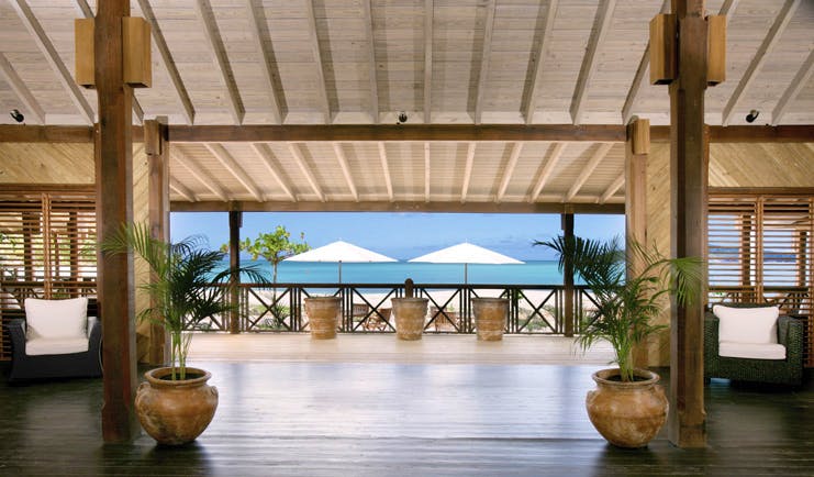 Hermitage Bay Antigua lobby leading to terrace overlooking sea