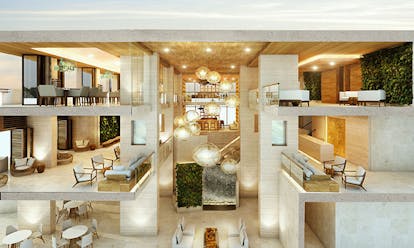 Hodges Bay Resort atrium, many levels to sit, bright modern decor