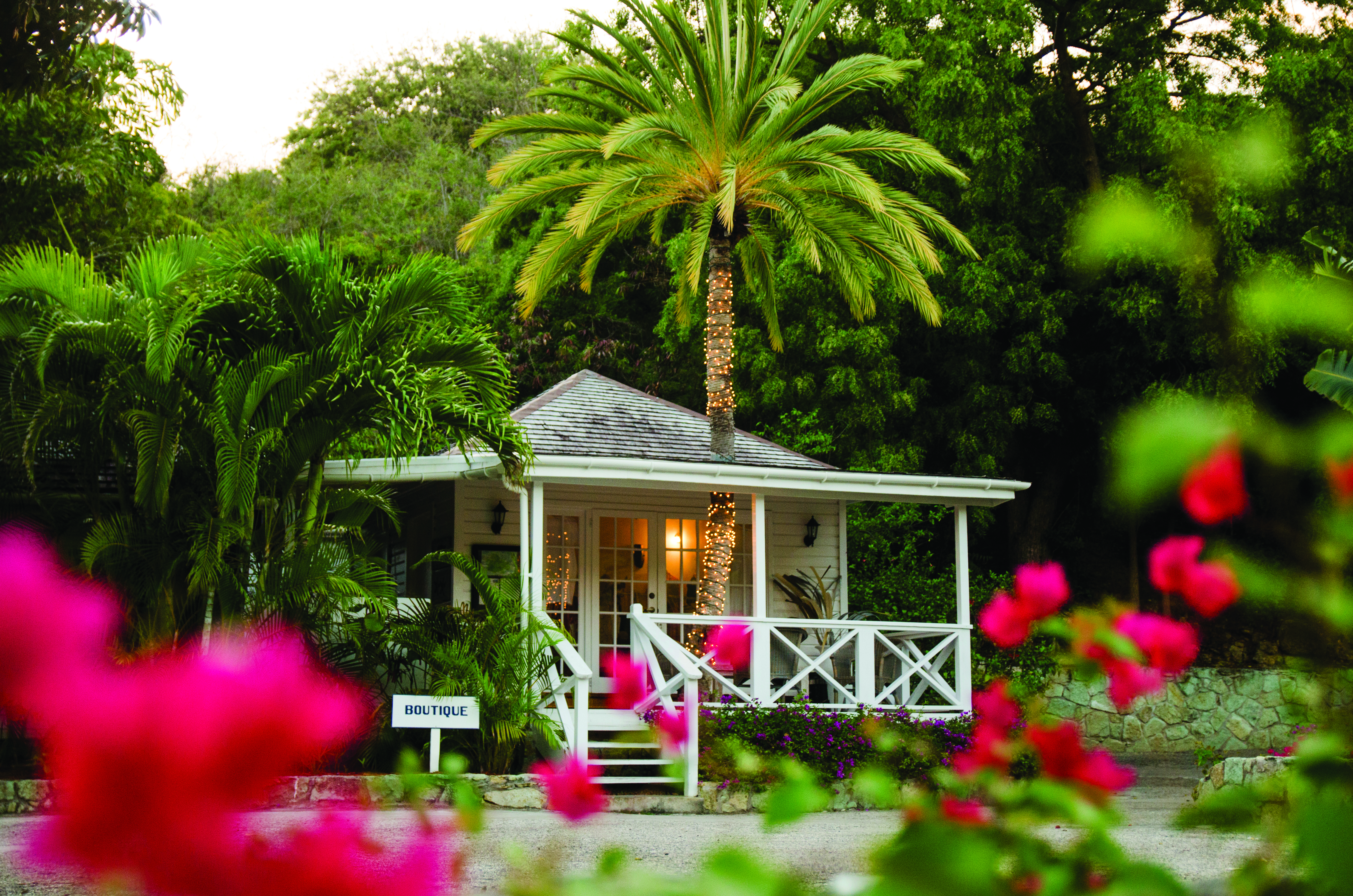 Inn at English Harbour Antigua boutique veranda palm trees red flowers