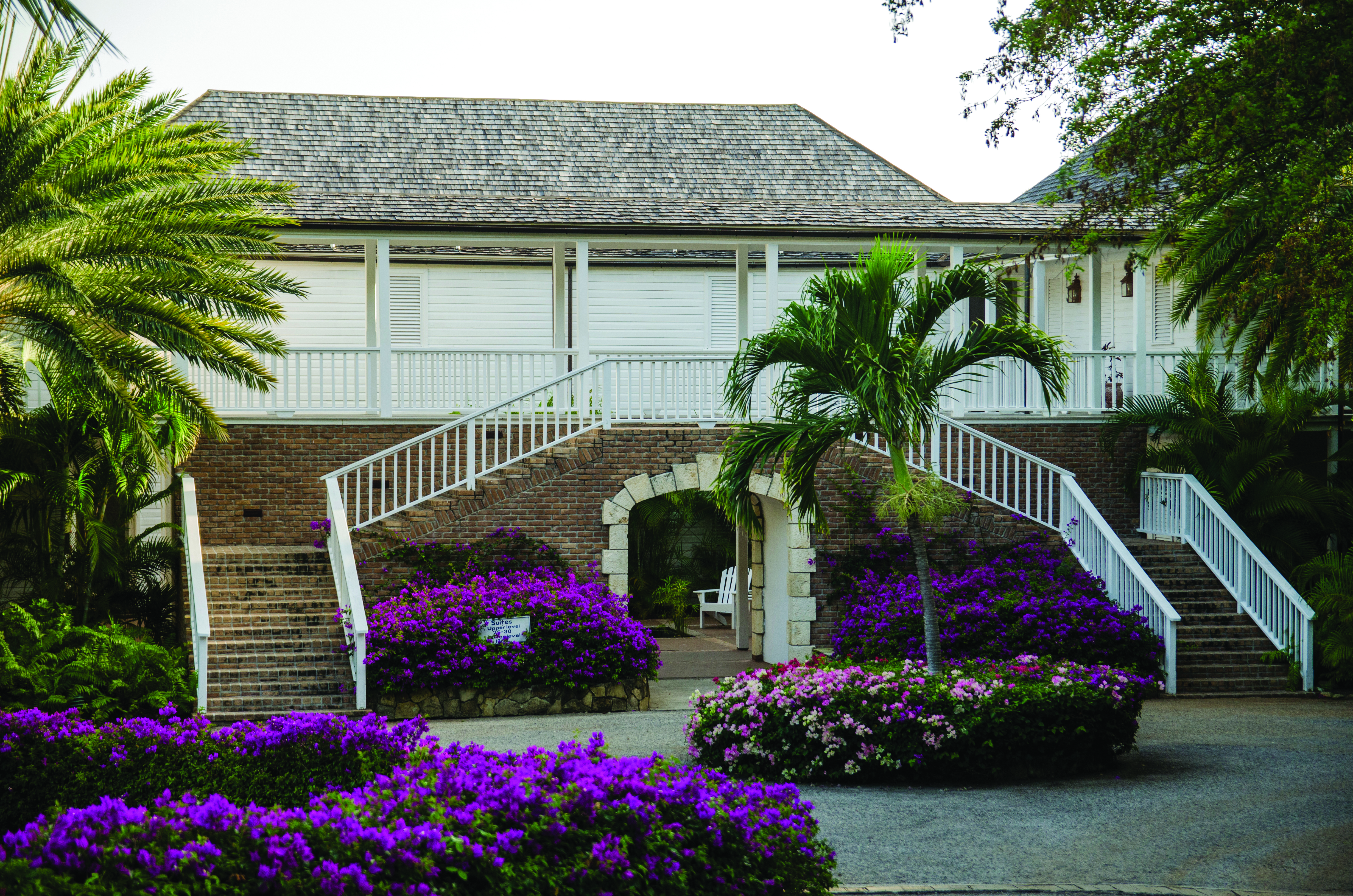 Inn at English Harbour Antigua hotel exterior purple flowers palm trees