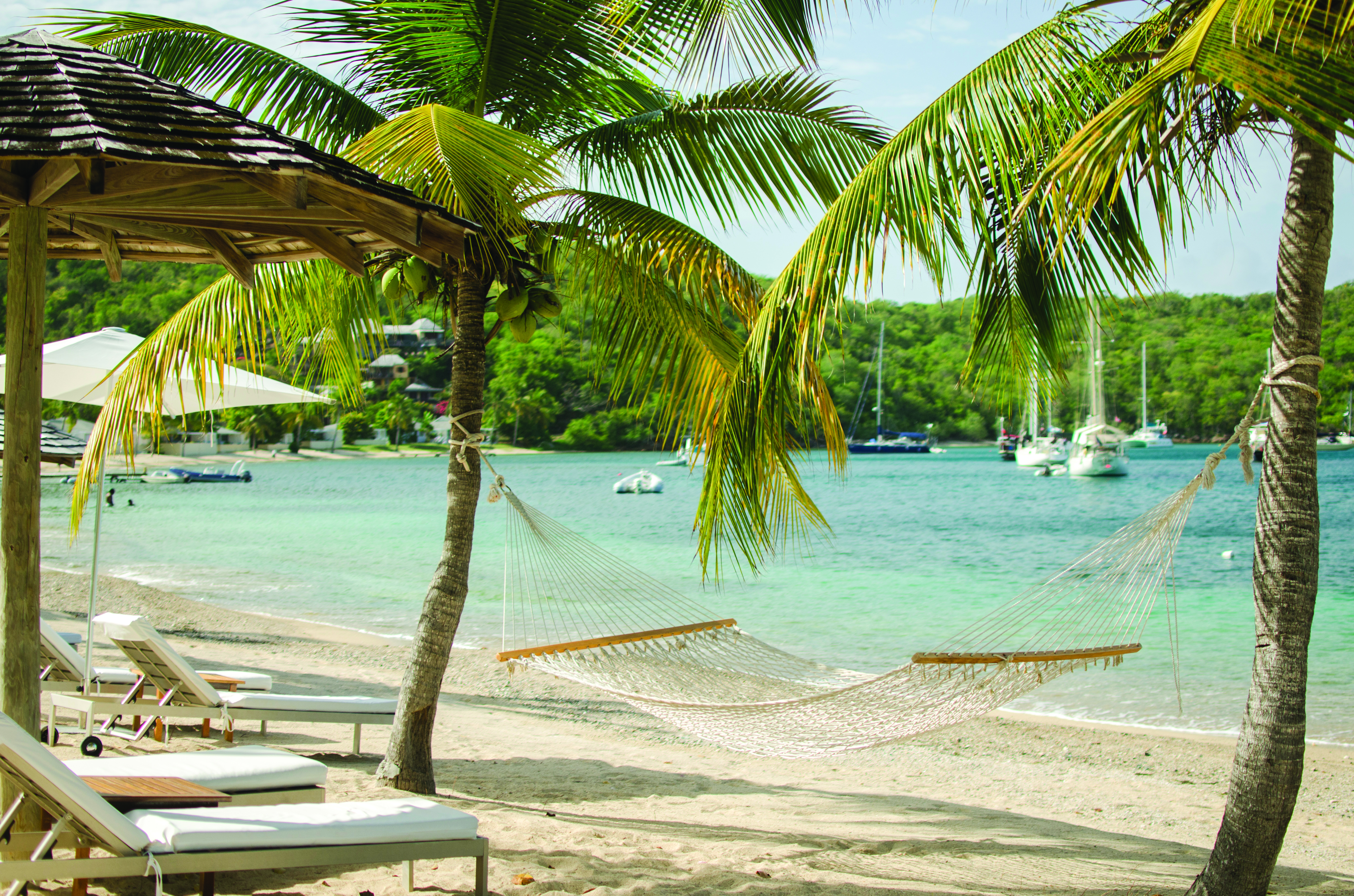 Inn at English Harbour Antigua hammock on beach beside the ocean palm trees 