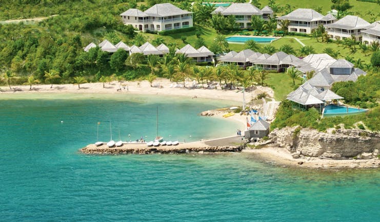 Nonsuch Bay Antigua aerial view of resort beach and jetty