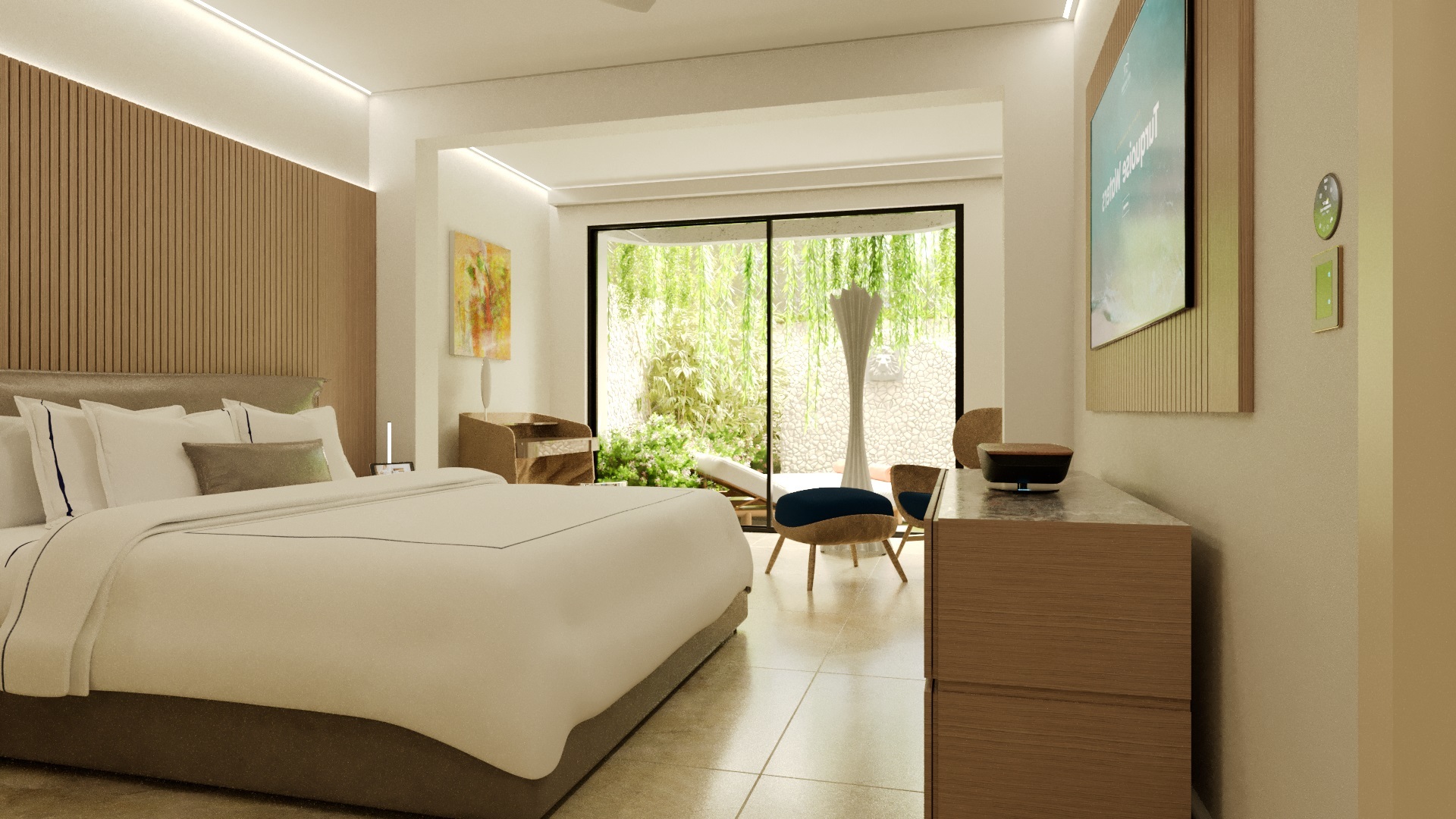 Blue Monkey Hotel neutral-toned bedroom with large king size bed and view onto the gardens