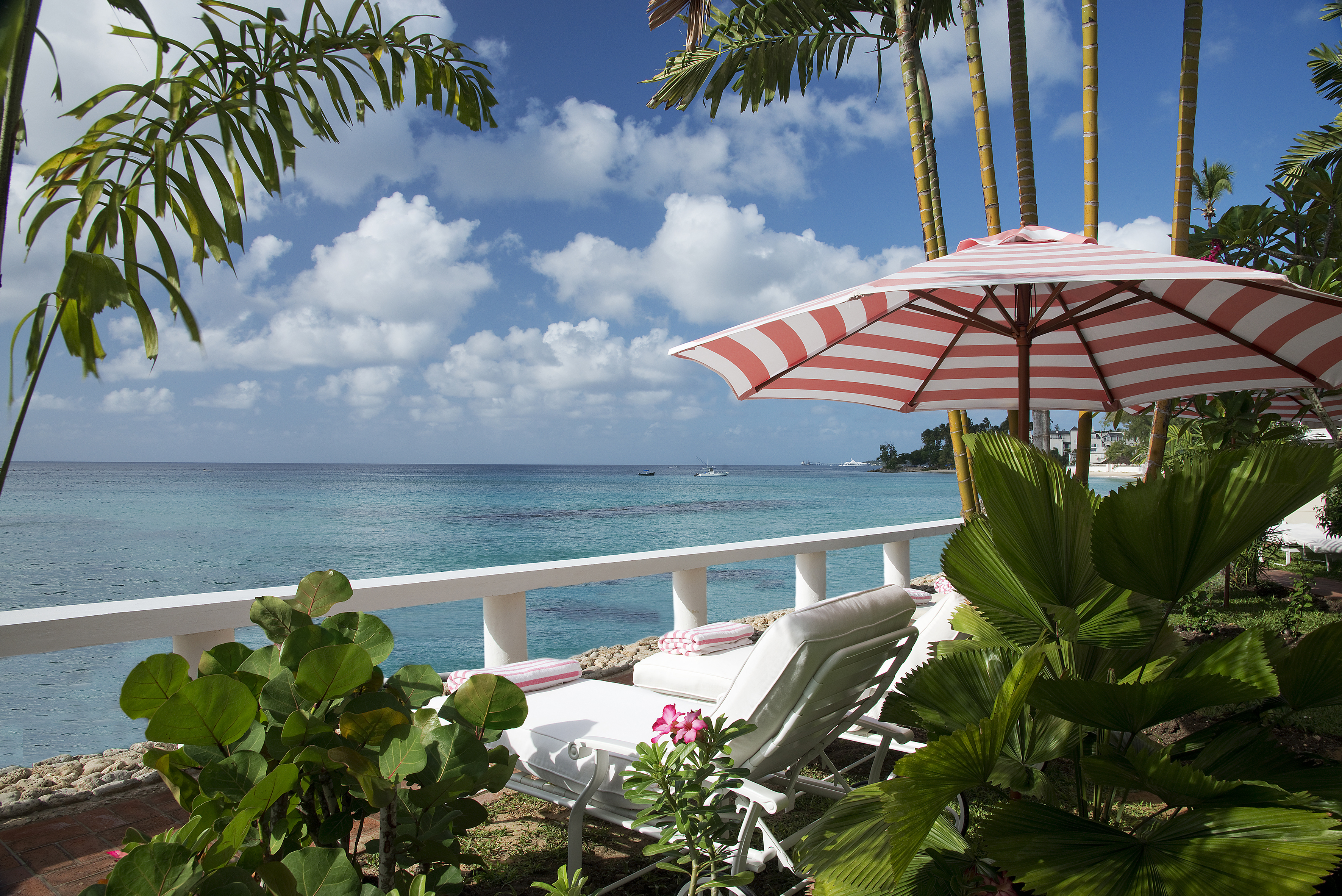 View of sea with lounger and umbrella amongst greenery looking over the sea