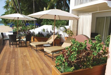 Fairmont Royal Pavilion Barbados beach front terrace sun loungers and umbrellas views of the ocean