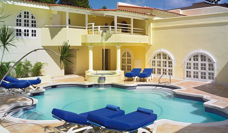 Tamarind Barbados courtyard pool sun loungers water feature