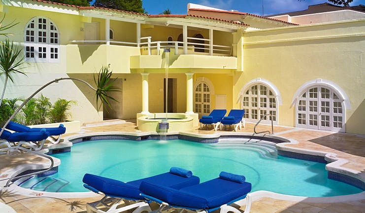 Tamarind Barbados courtyard pool sun loungers water feature