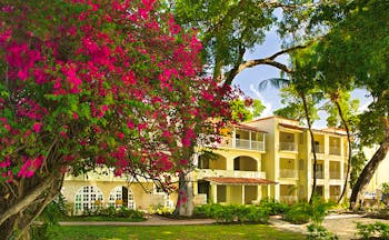 Tamarind Barbados exterior hotel building lawn trees pink flowers