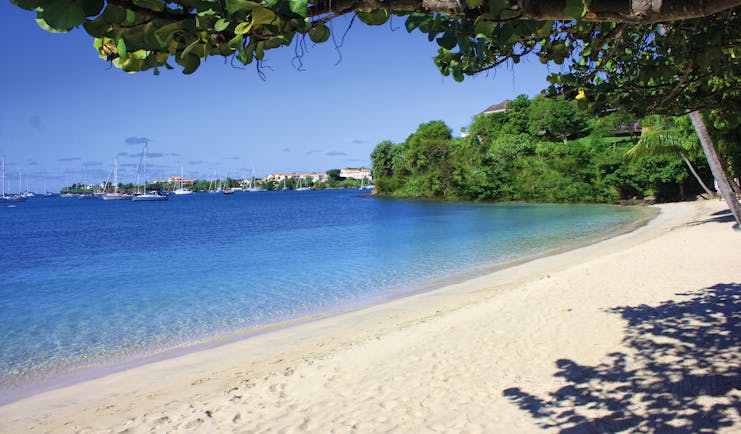 Calabash Grenada beach sandy beach and clear blue ocean boats on the water in the background