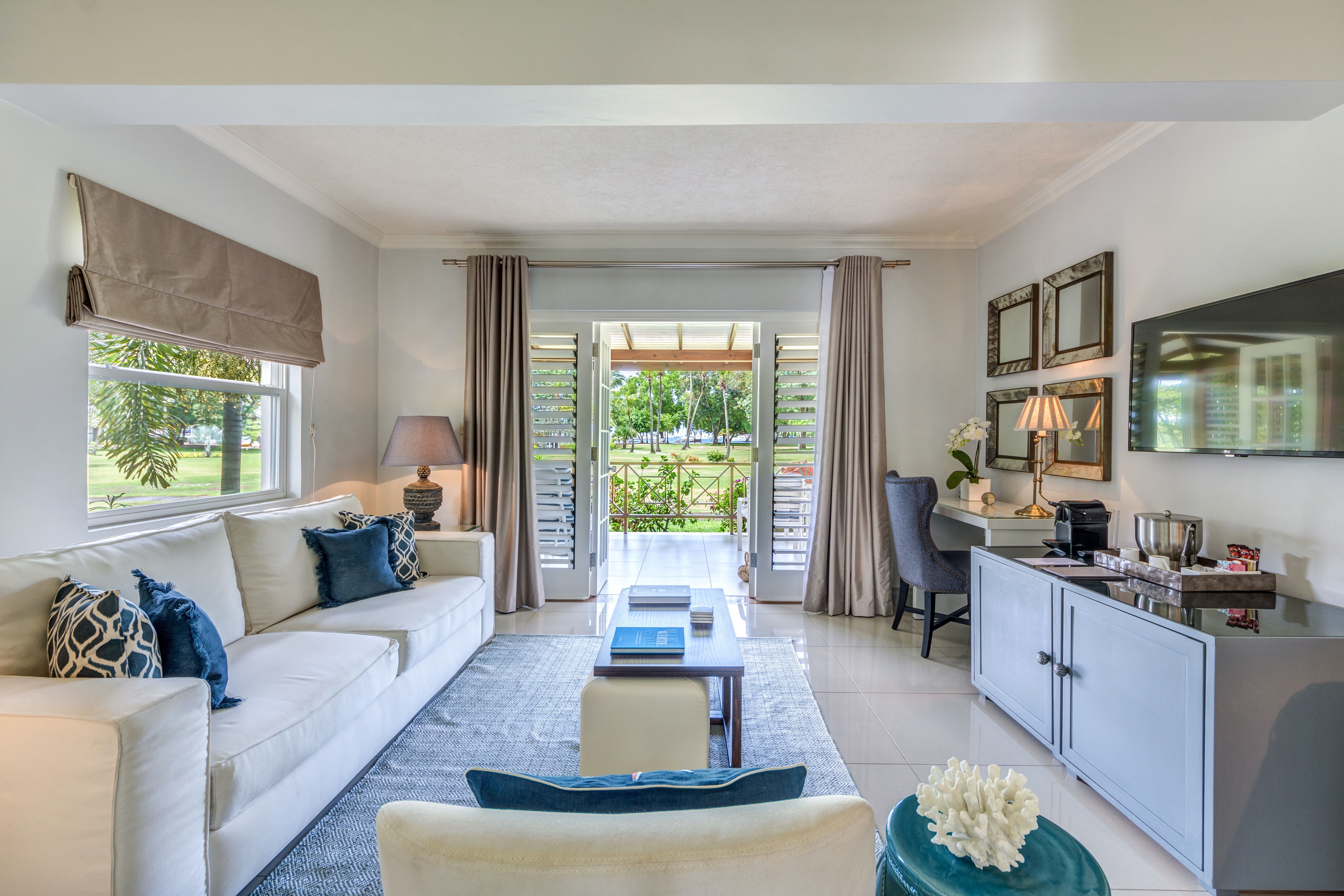 White and blue iving room