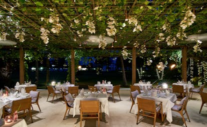 Rhodes restaurant with white tables and overhead vines