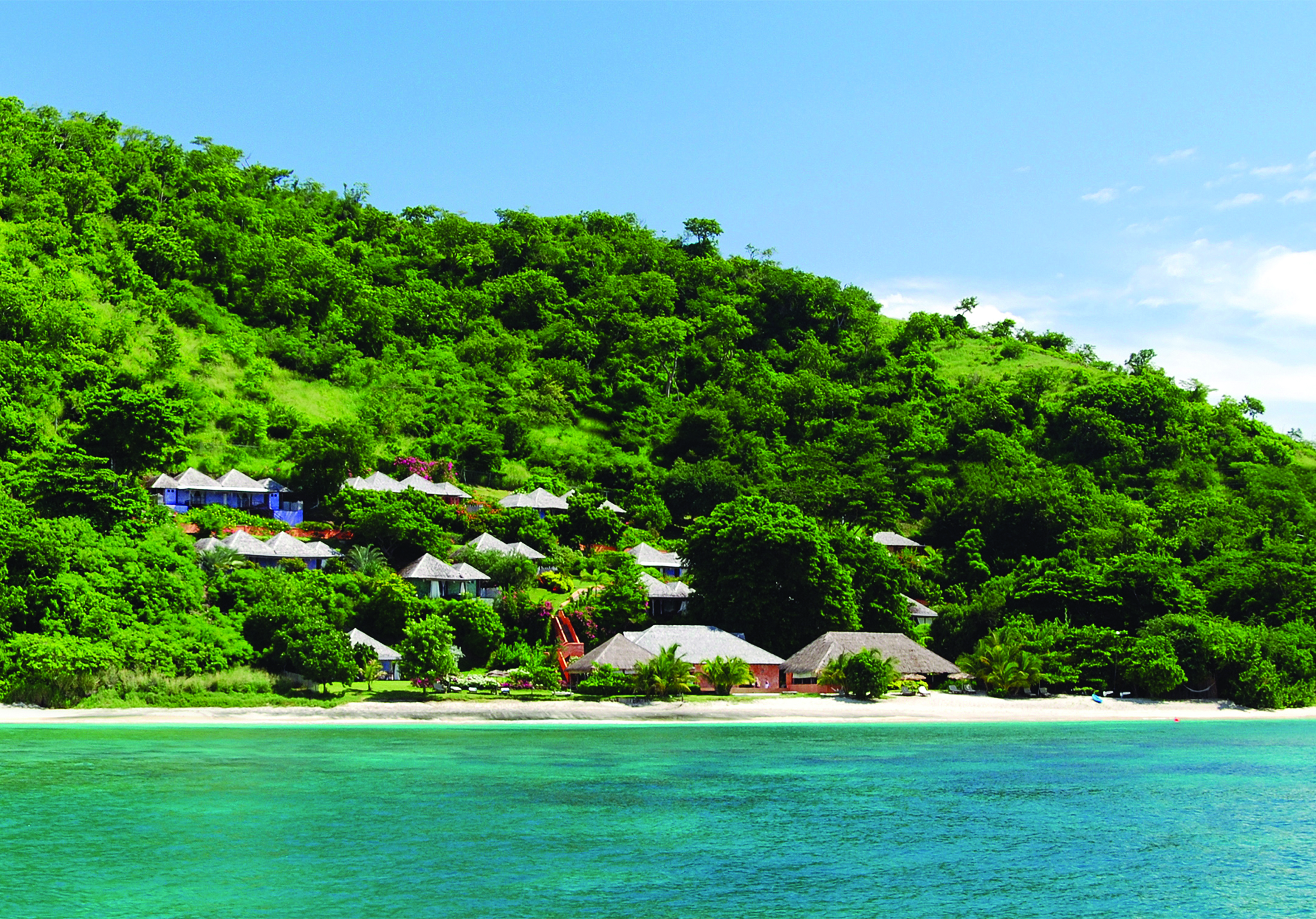 Laluna Grenada view of resort from the sea cottages near the beach