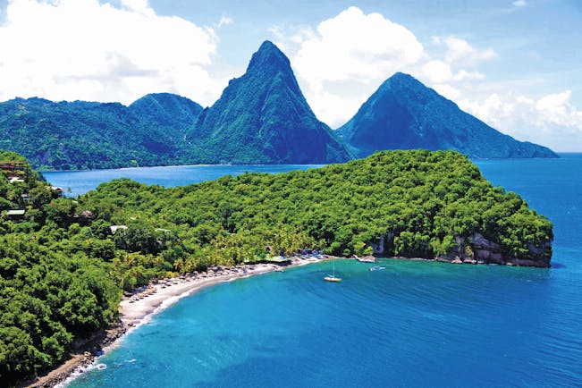 Anse Chastanet St Lucia aerial shot of beach and island mountains in the background