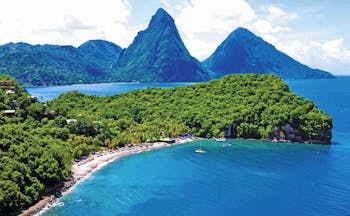 Anse Chastanet St Lucia aerial shot of beach and island mountains in the background