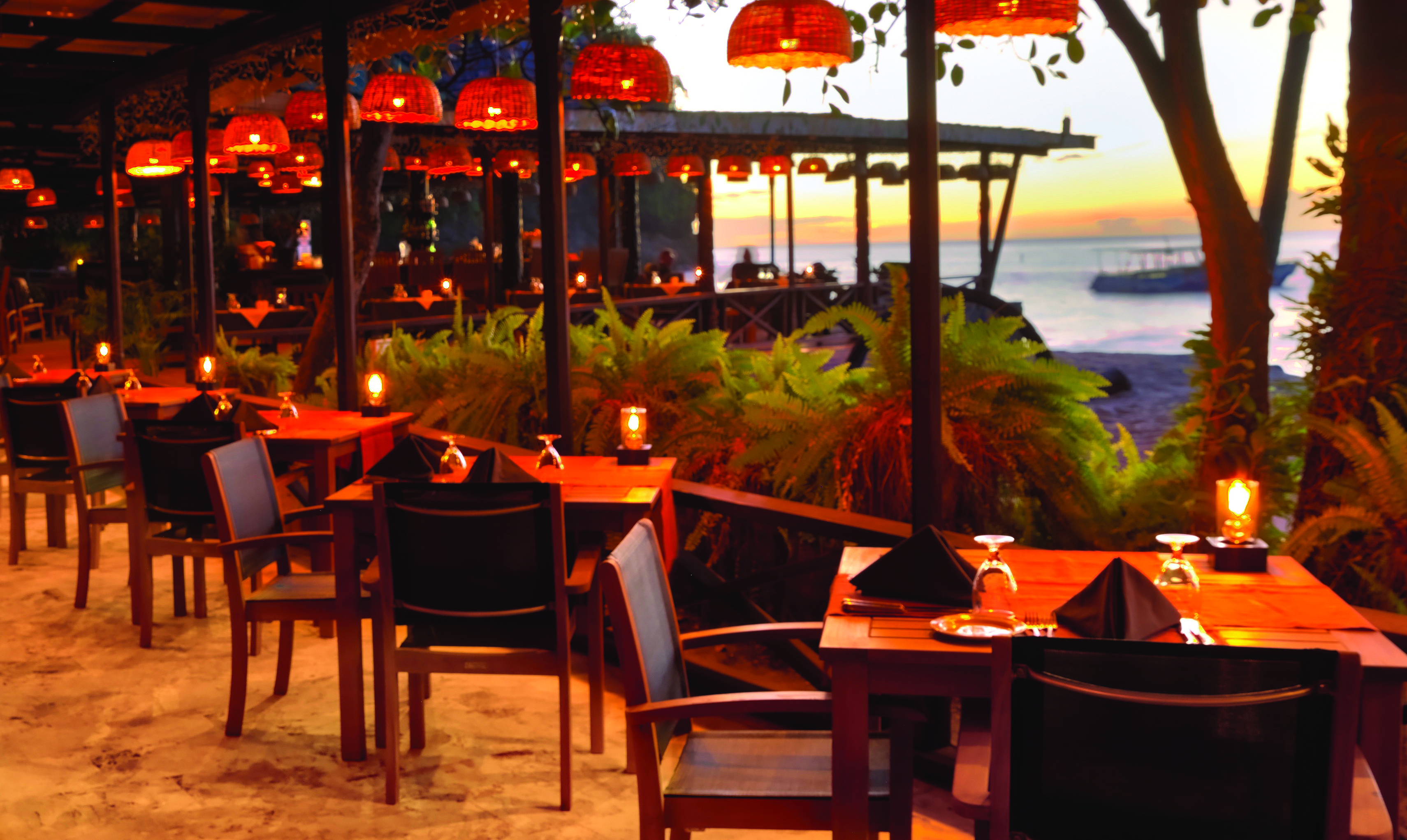 Anse Chastanet St Lucia  restaurant at sunset overlooking the ocean