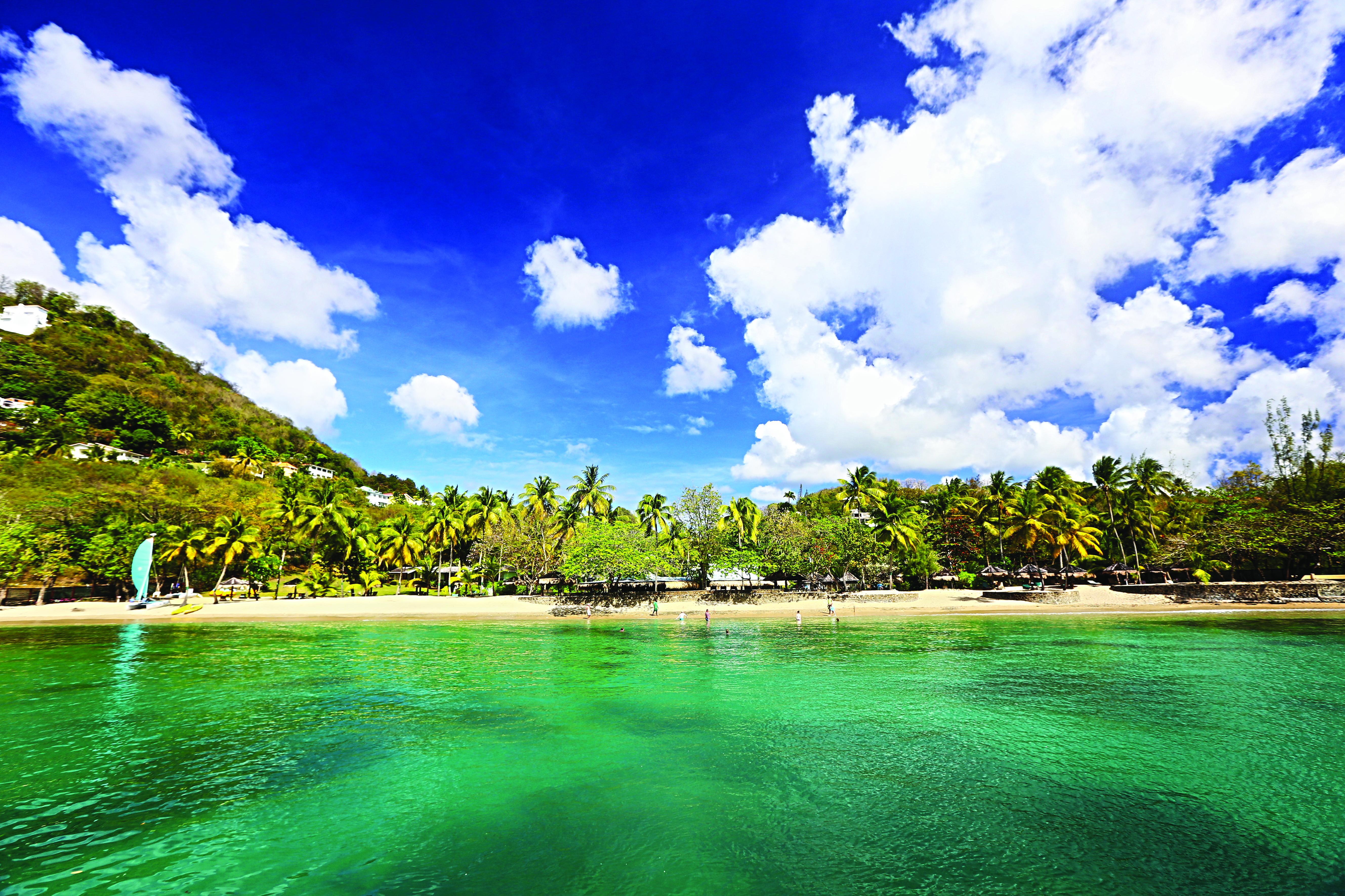 East Winds Inn St Lucia resort view from ocean beach and palm trees