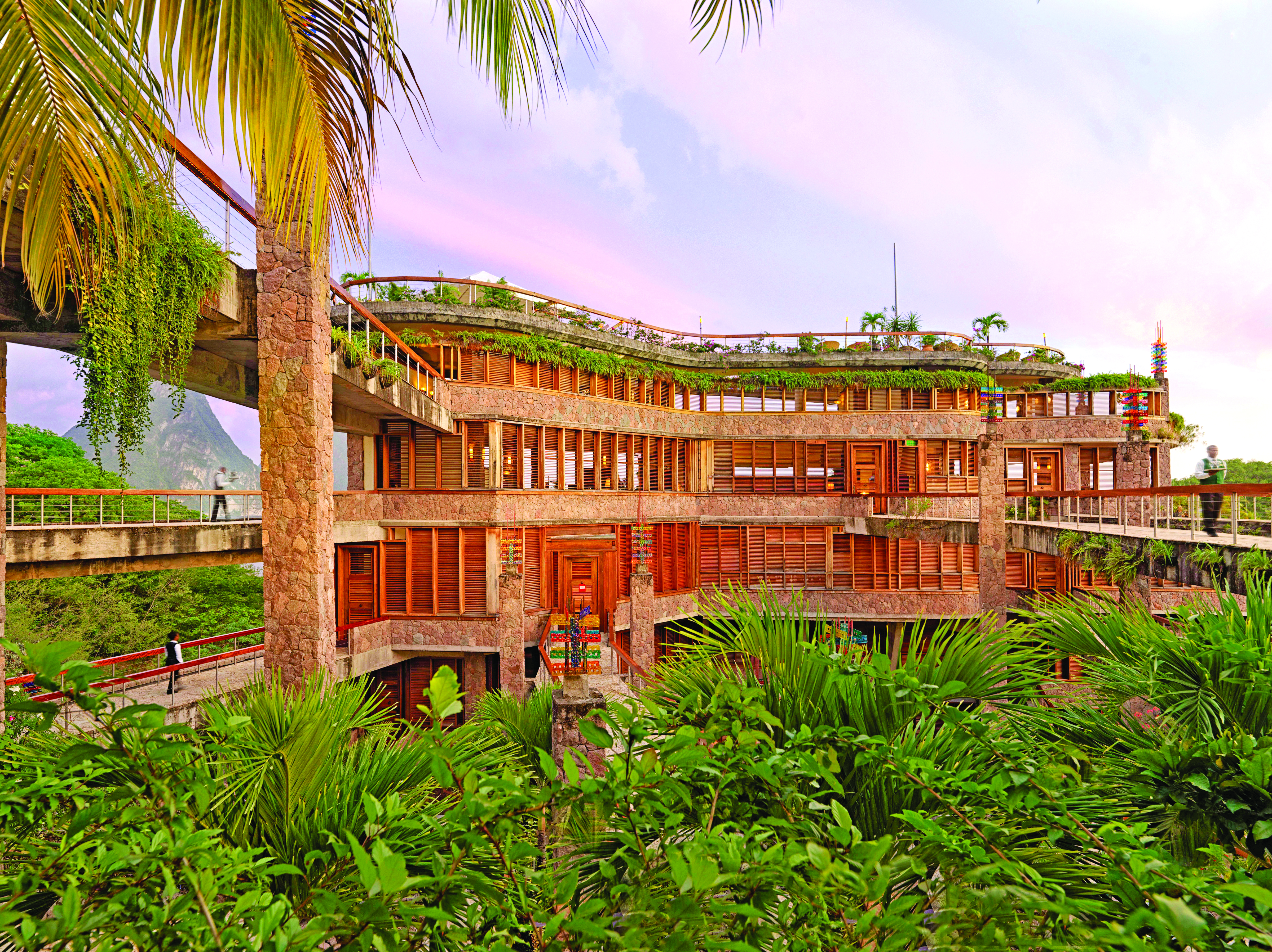 Jade Mountain St Lucia hotel exterior bridges stone columns 