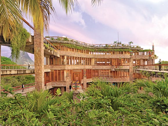 Jade Mountain St Lucia hotel exterior bridges stone columns 