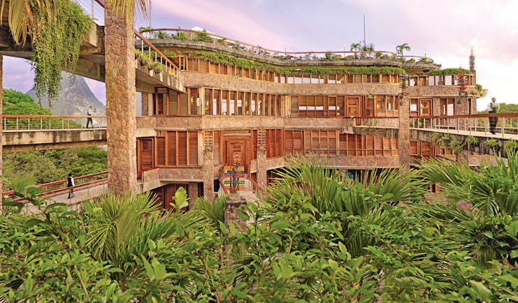 Jade Mountain St Lucia hotel exterior bridges stone columns 