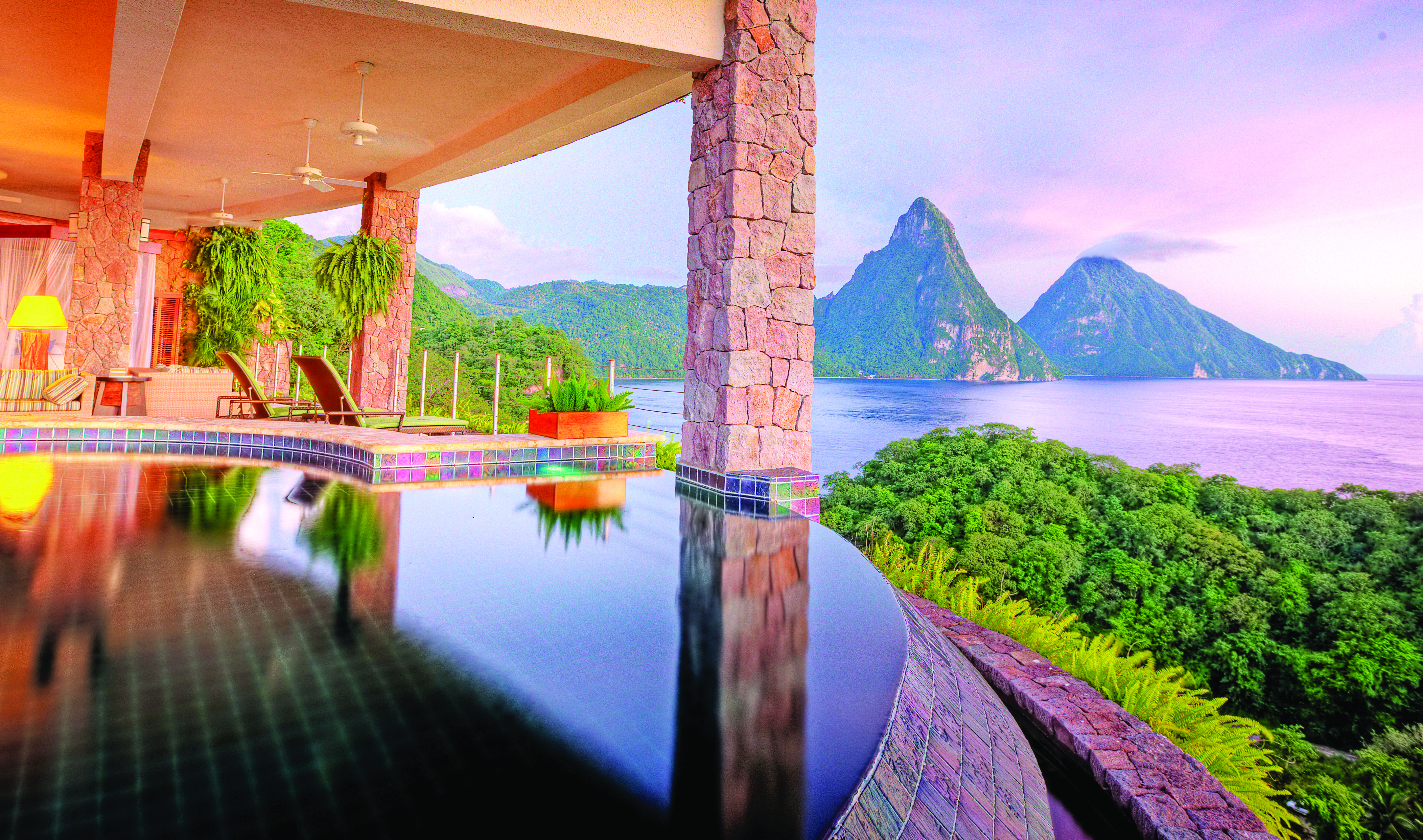 Jade Mountain St Lucia galaxy infinity pool overlooking Caribbean Sea and Pitons
