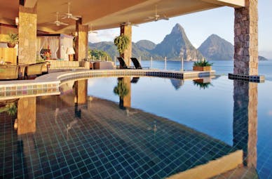 Jade Mountain St Lucia views from galaxy terrace infinity pool of Caribbean sea and Pitons